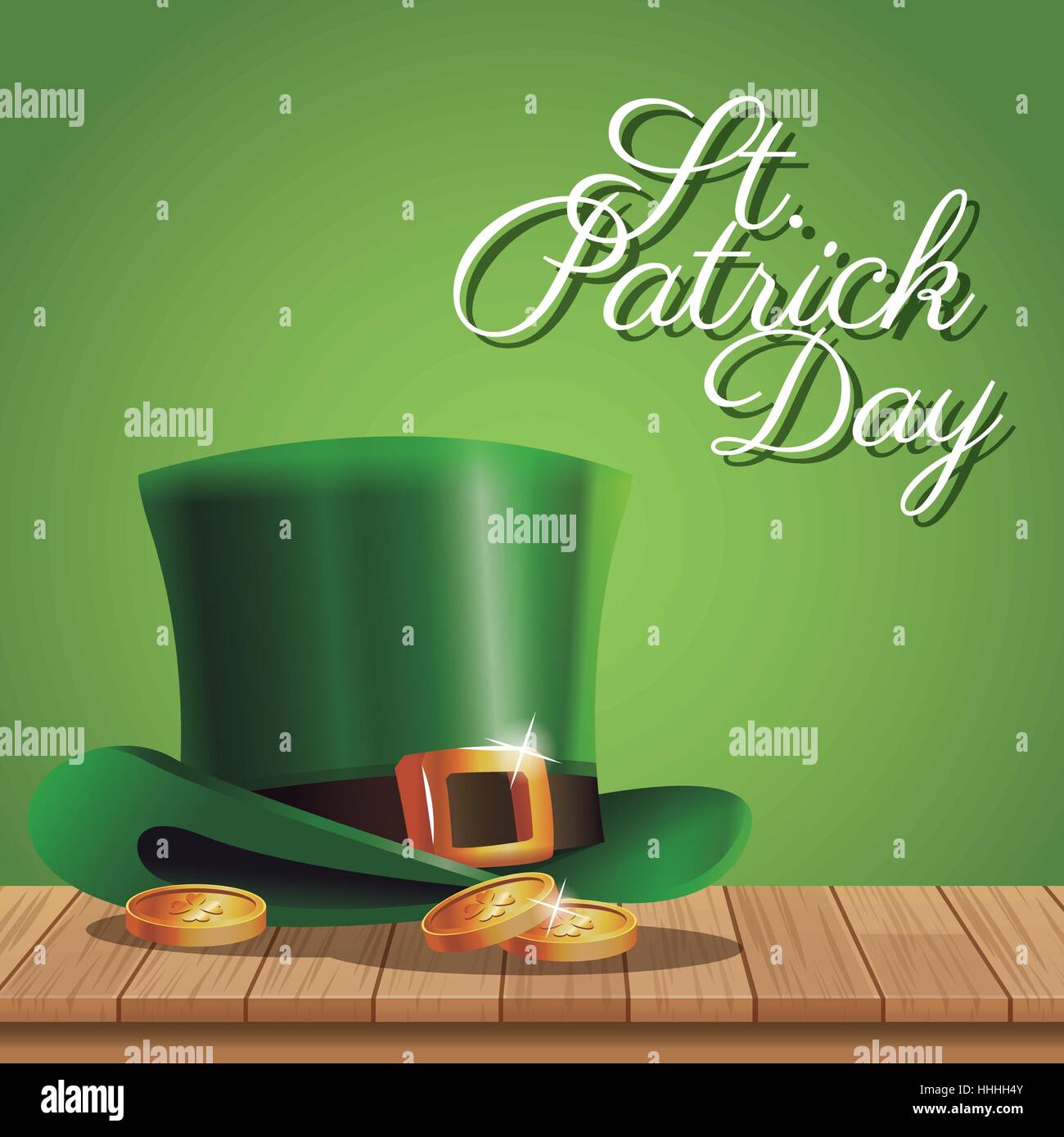 poster st patrick day gold coins hat on wooden green background Stock Vector