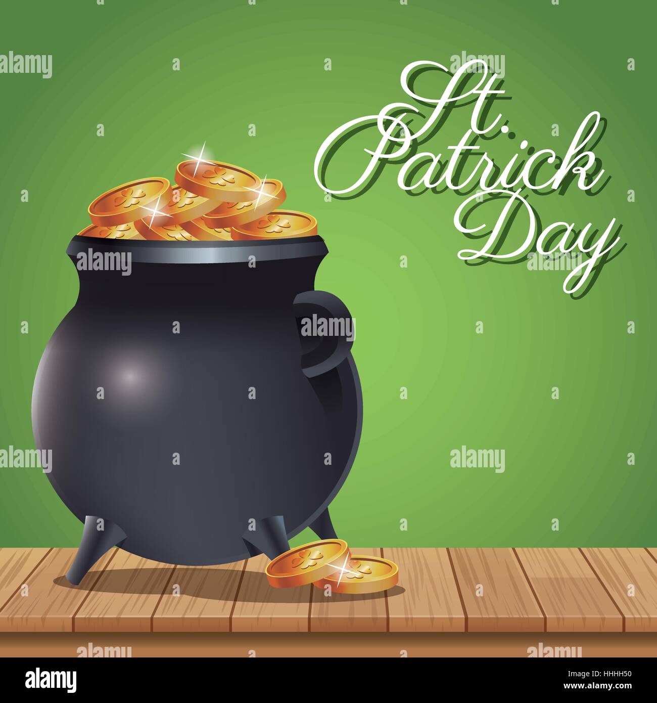 poster st patrick day pot coins gold on wooden green background Stock Vector