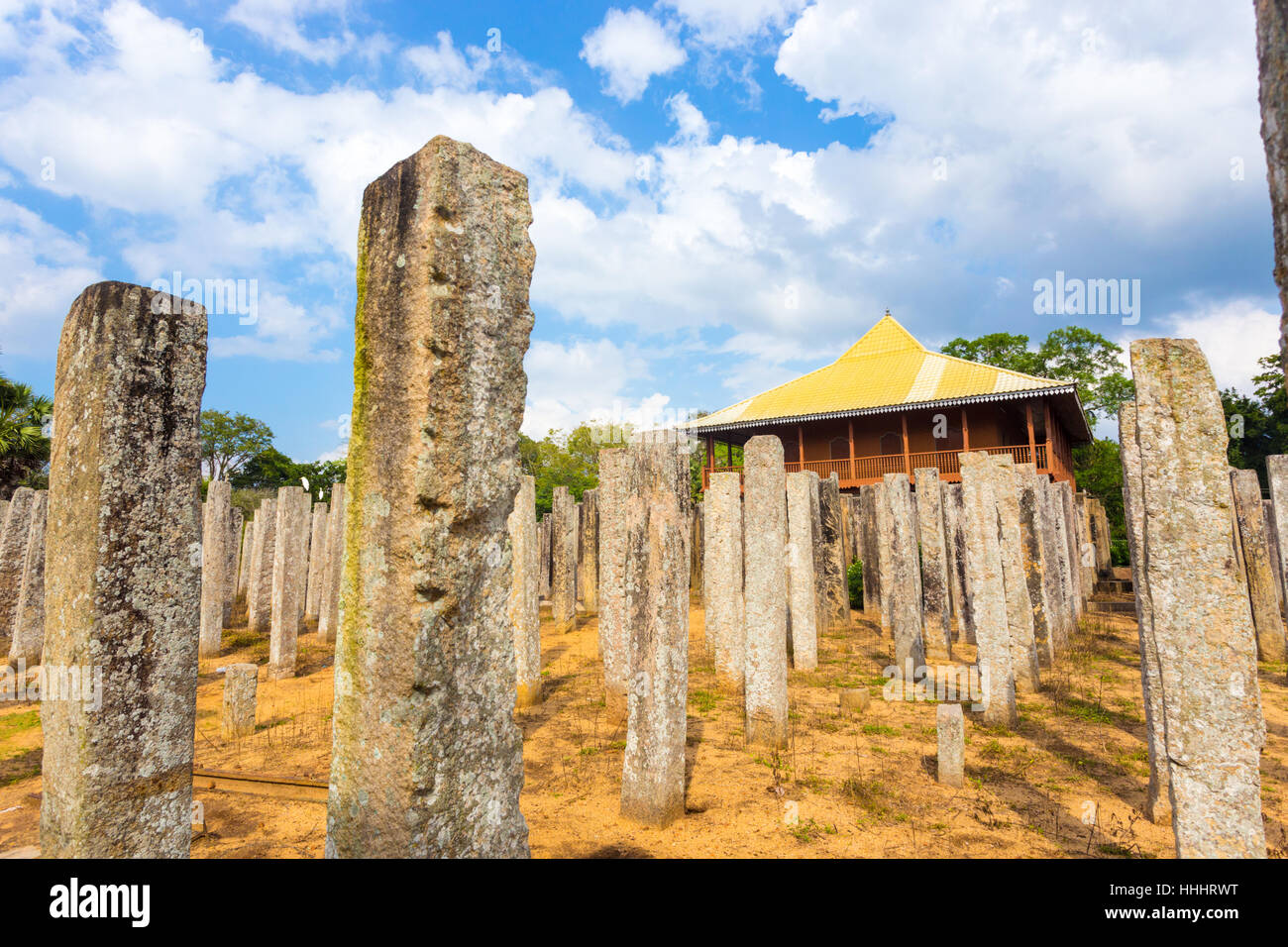 Stone pillars are all that remains of the ruins of the Brazen Palace or Lovamahapaya in ancient Anuradhapura Stock Photo