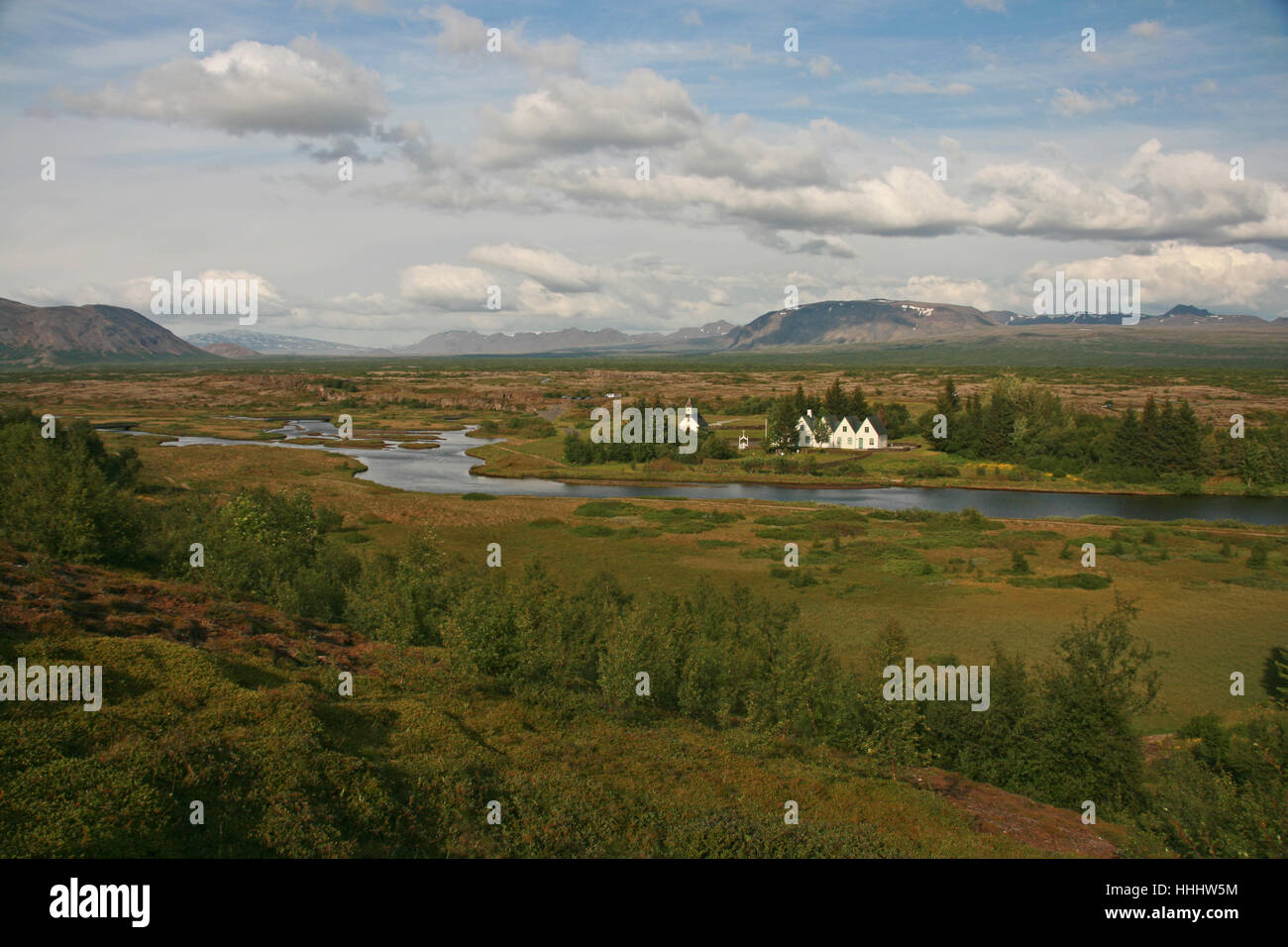 church, birches, valley, course of a river, mountain, river, water, blue, Stock Photo