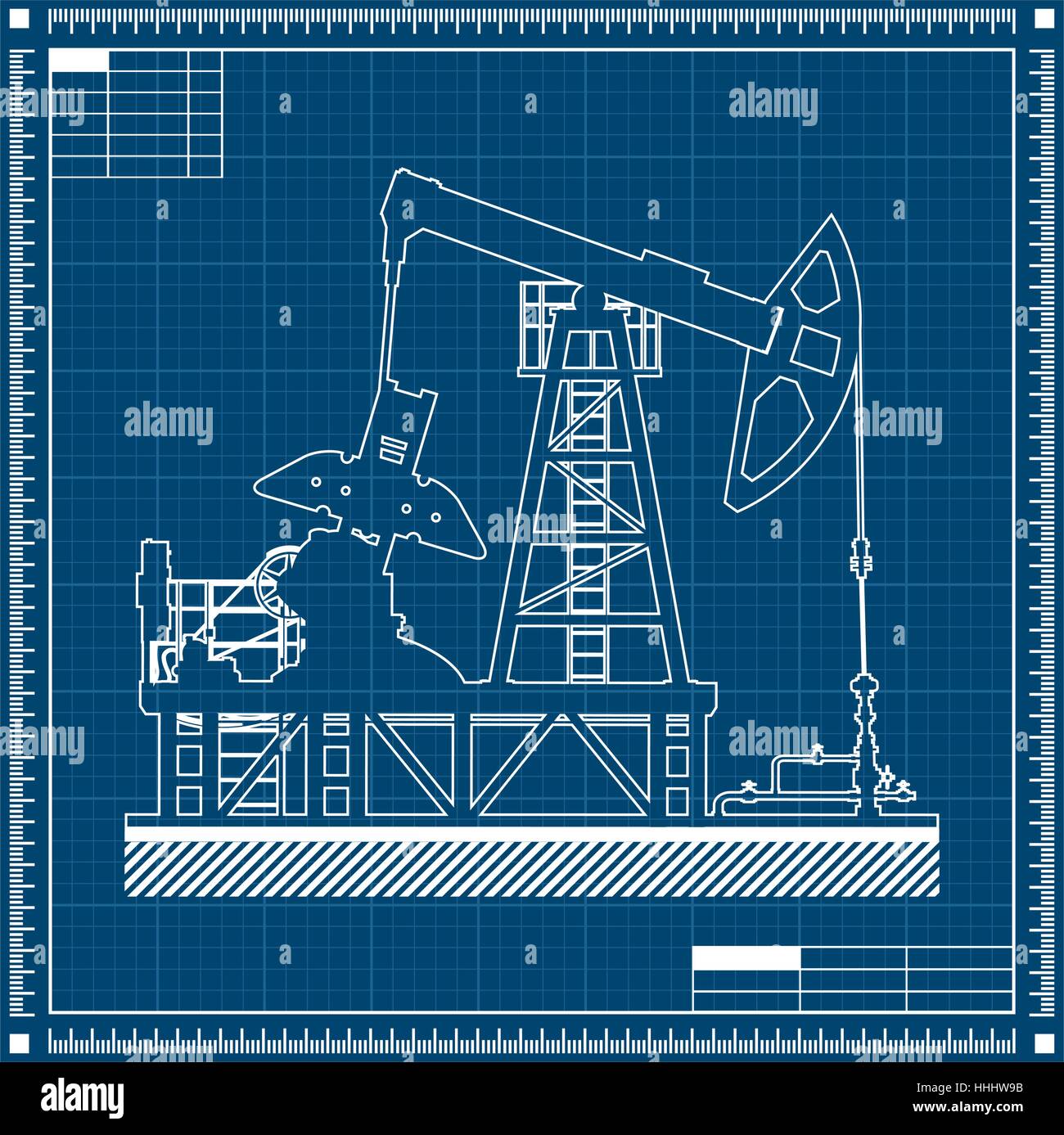 Oil pump silhouette on blueprint background. Stock Vector