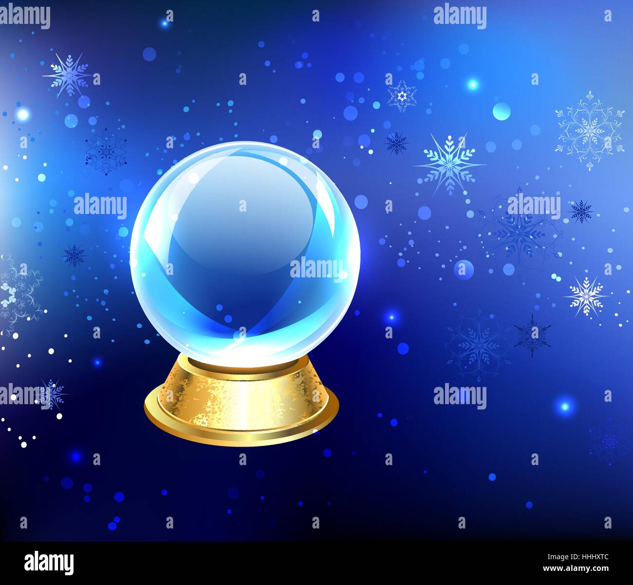 glass snow globe on a gold pedestal on a blue background with blue
