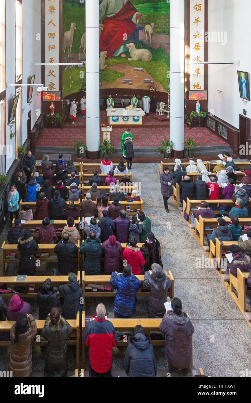 Sunday mass at Catholic Church of Our Lady the Sacred Heart, Yinchuan, Ningxia province, China Stock Photo