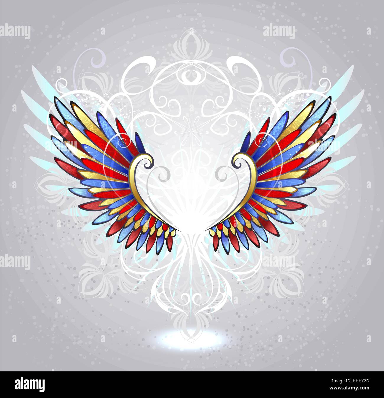 Stained glass wings of red, blue and yellow glass , decorated with a white pattern on a light background. Stock Vector