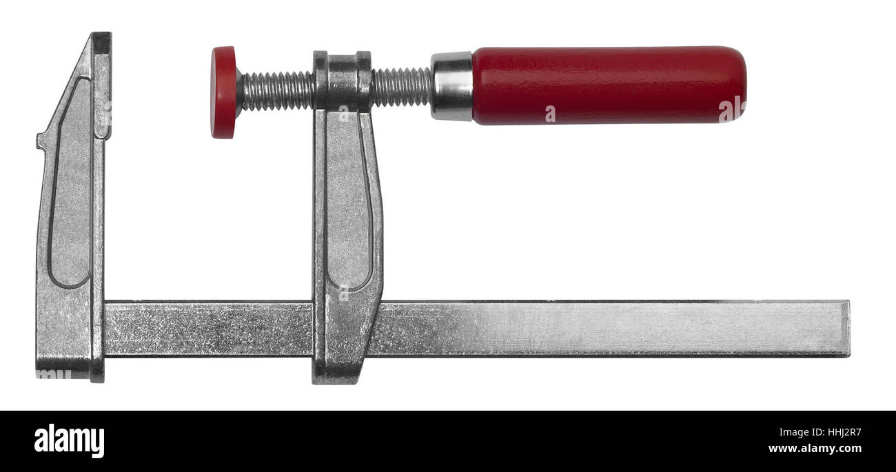 studio photography of a open screw clamp with red handle isolated on white, with clipping path Stock Photo