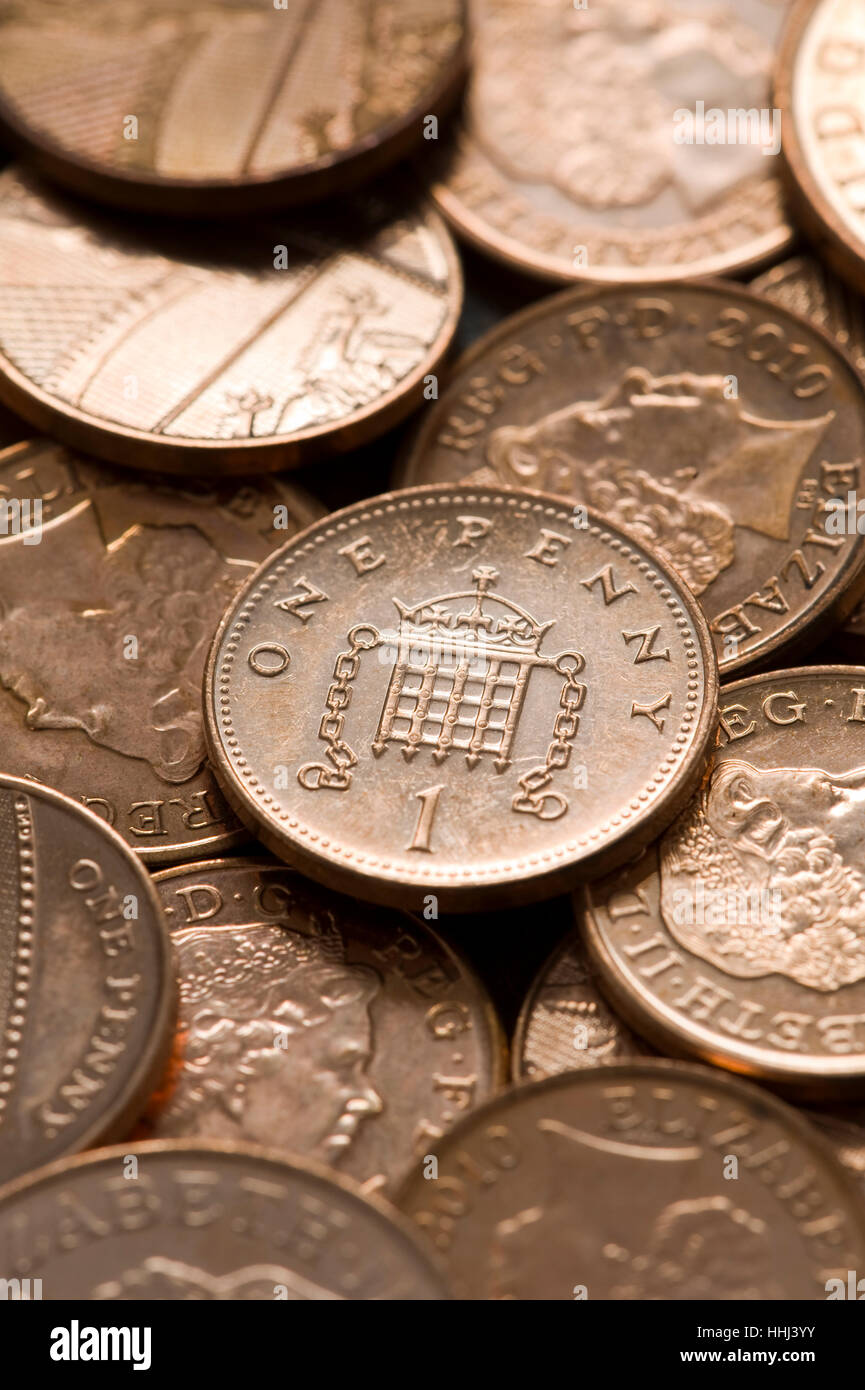 coin, coins, british, english, penny, coin, coins, one, copper, british, Stock Photo