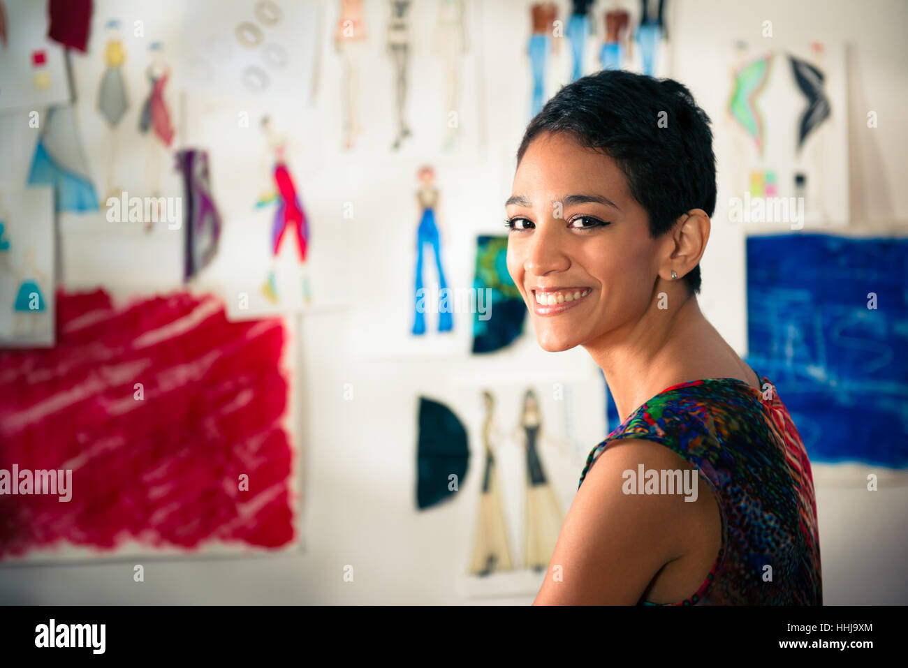 woman, fashion, work, factory, drawings, delighted, unambitious, enthusiastic, Stock Photo