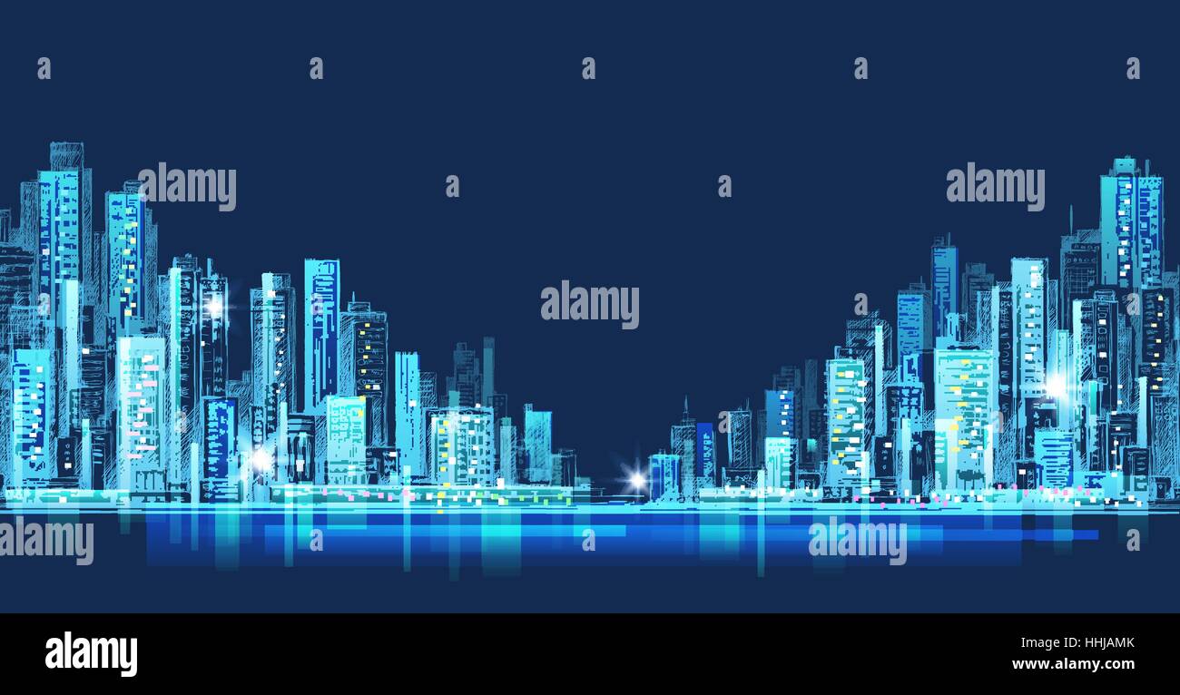 City skyline panorama at night, hand drawn cityscape Stock Vector Image ...