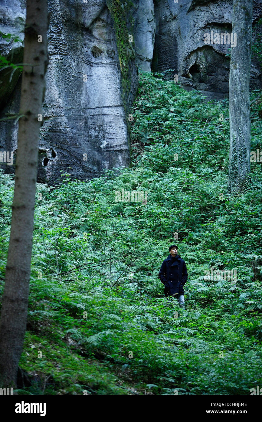 Young man walking in forest Stock Photo - Alamy