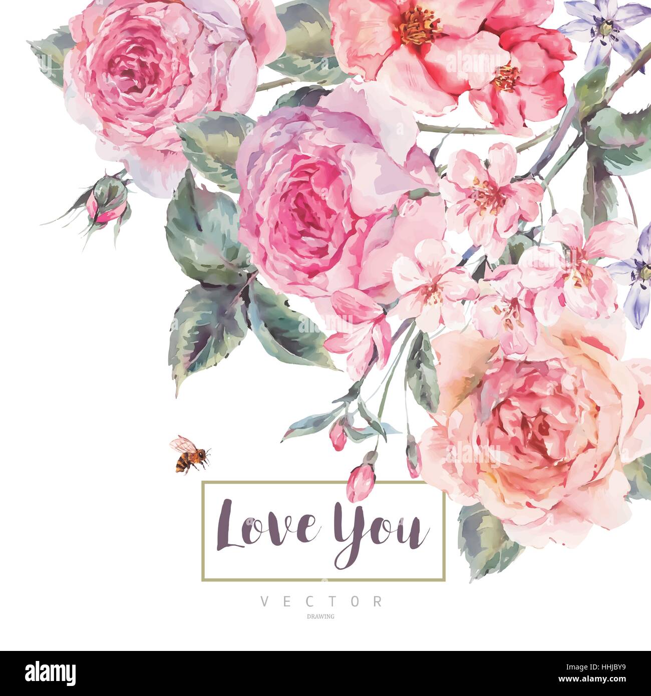Vector spring vintage floral greeting card with bouquet of roses Stock ...
