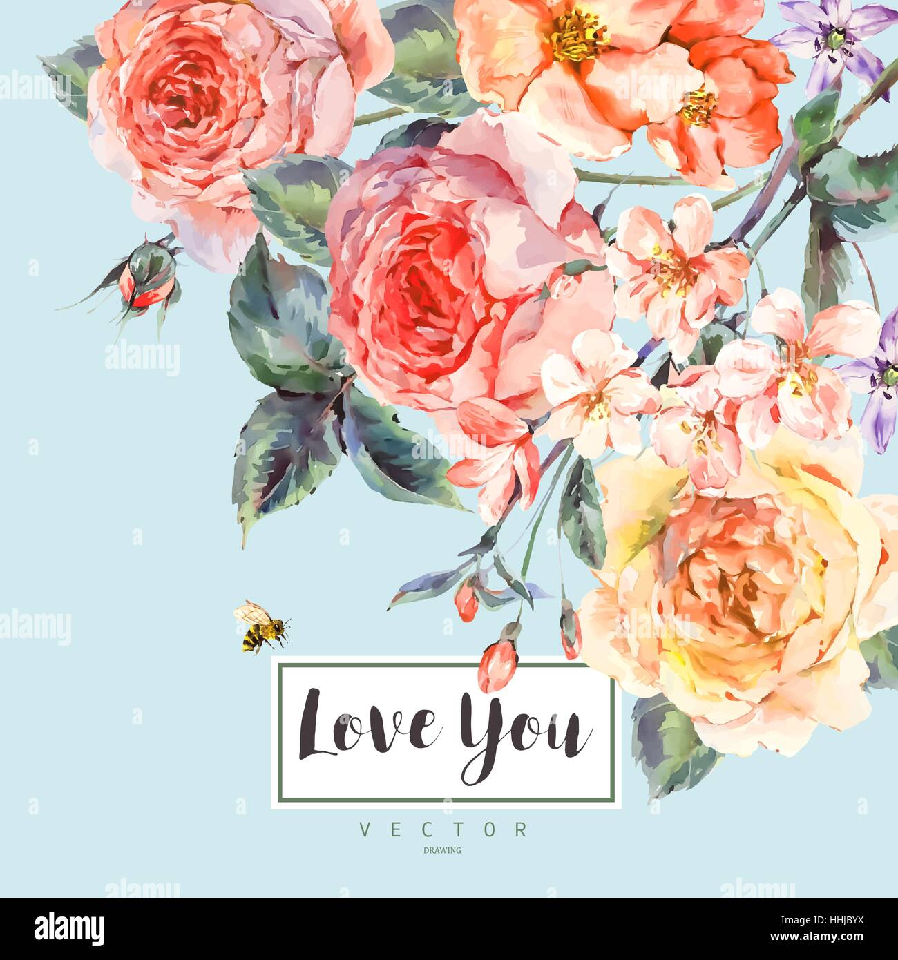 Vector spring vintage floral greeting card with bouquet of roses Stock ...