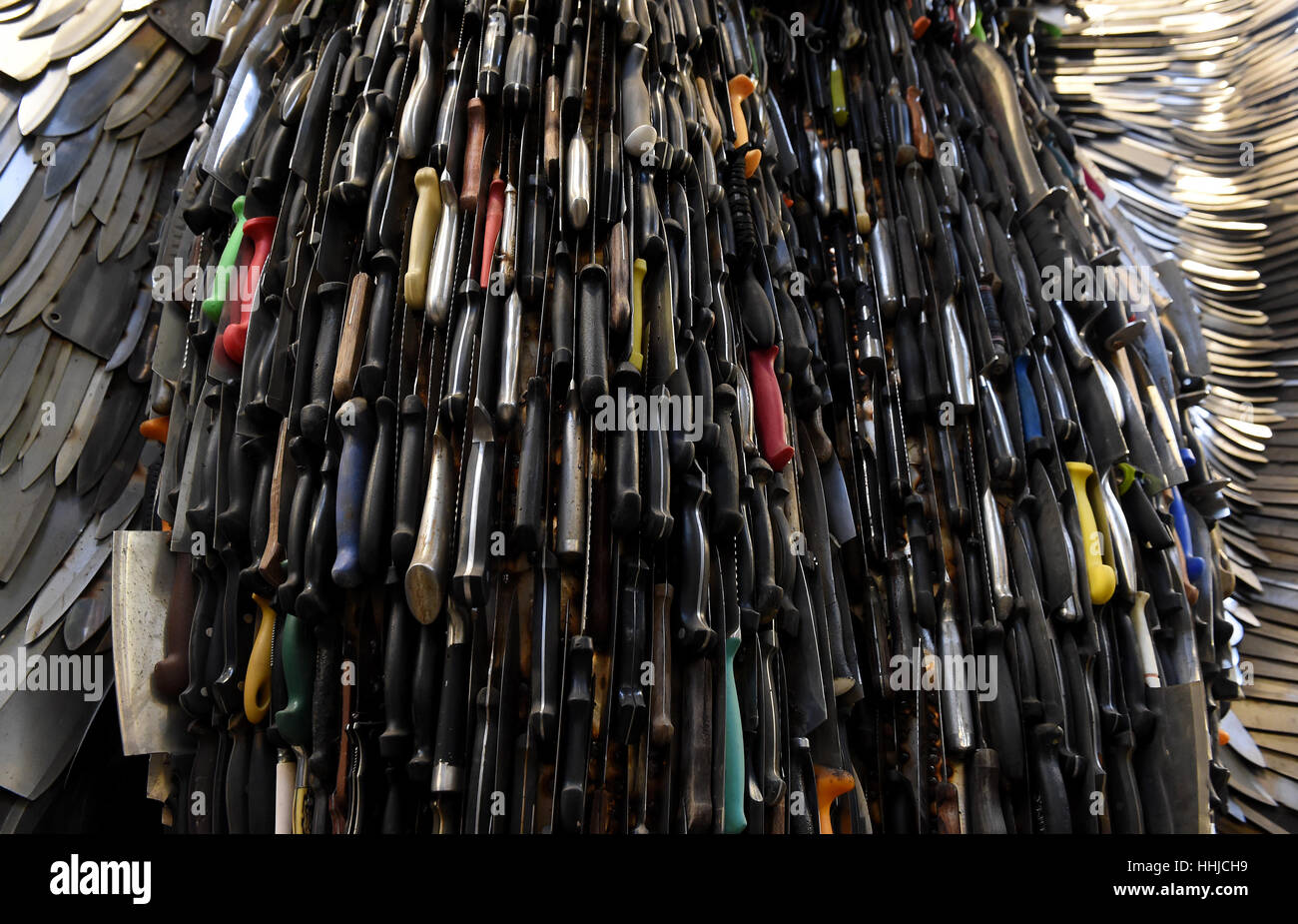 The 'Knife Angel' sculpture, which has been created with 100,000 knives collected by 41 police forces across the country via knife amnesties and confiscations, at the British Ironwork Centre in Oswestry, Shropshire. Stock Photo