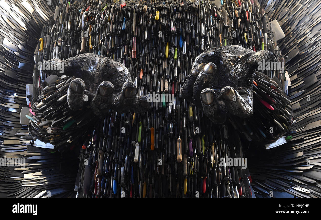 The 'Knife Angel' sculpture, which has been created with 100,000 knives collected by 41 police forces across the country via knife amnesties and confiscations, at the British Ironwork Centre in Oswestry, Shropshire. Stock Photo