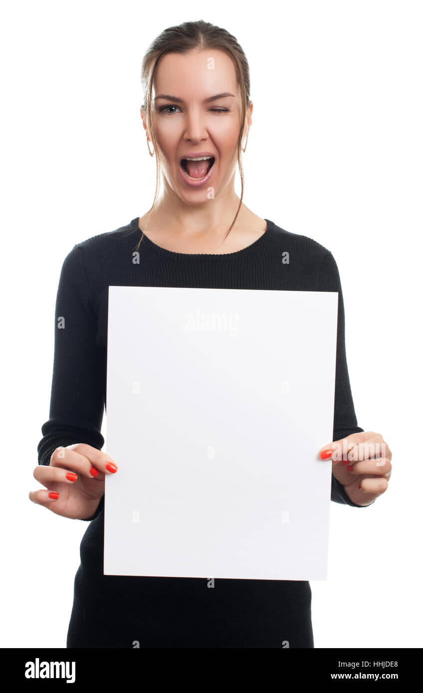 Smiling woman holding white sign board. Casual dressed girl with advertising banner. Stock Photo