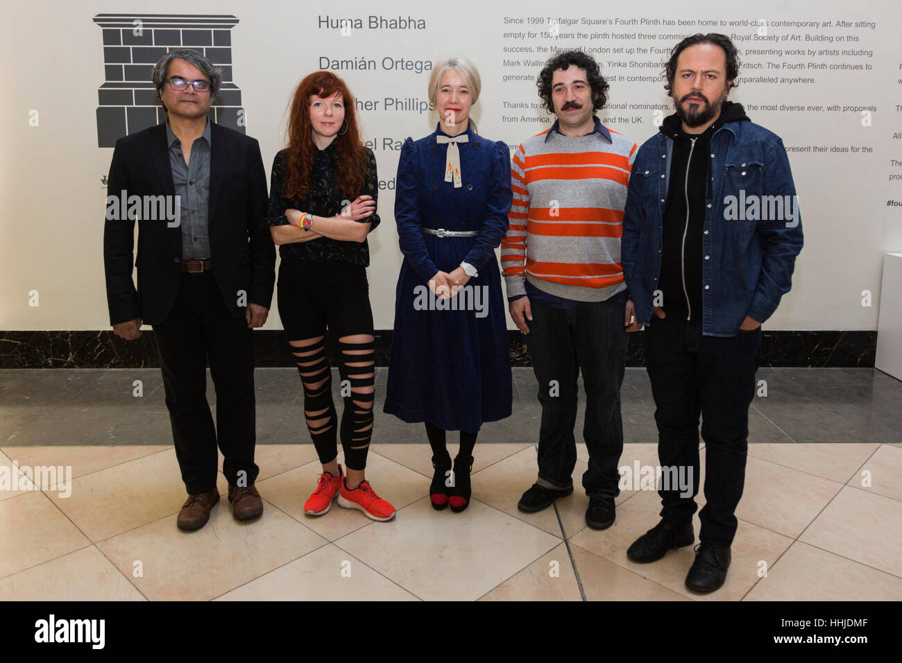London, UK. 19 January 2017. L-R: Shuddhabrata Sengupta, Heather Phillipson, Justine Simons, Michael Rakowitz, Damian Ortega. Artists Damian Ortega, Heather Phillipson, Michael Rakowitz and Shuddhabrata Senguppta from Raqs Media Collective join Justine Simons, Deputy Mayor for Culture and Creative Industries, and Ekow Eshun, Chair of the Fourth Plinth Commission Panet, at the press preview for the Shortlist Exhibition. Maquettes of the shortlisted works are on display at the National Gallery until 26 March 2017. The proposals on display are Untitled by Huma Bhabha, High Way/Higher by Damian Or Stock Photo