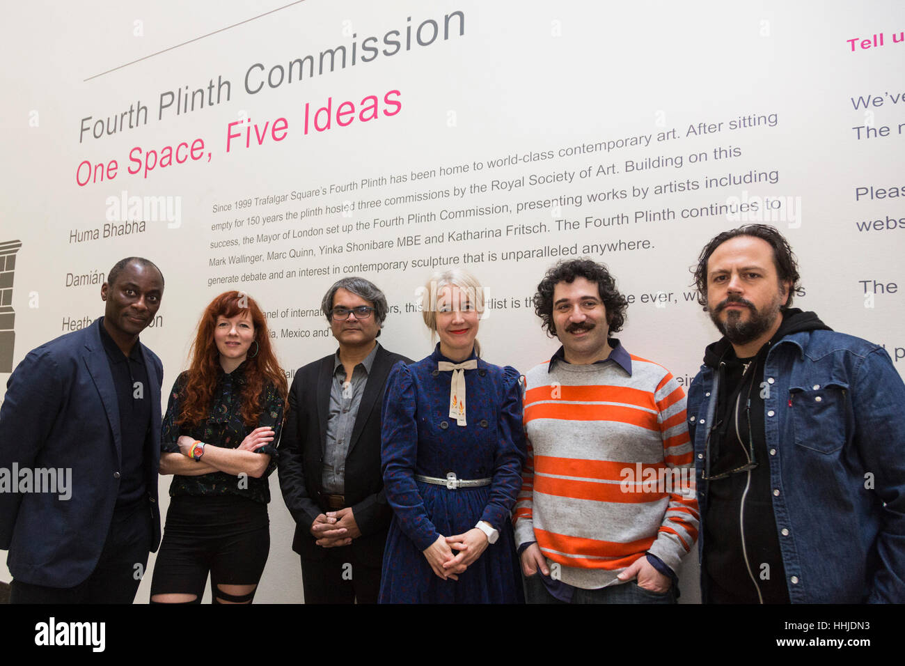 London, UK. 19 January 2017. L-R: Ekow Eshun, Heather Phillipson, Shuddhabrata Sengupta, Justine Simons, Michael Rakowitz, Damian Ortega. Artists Damian Ortega, Heather Phillipson, Michael Rakowitz and Shuddhabrata Senguppta from Raqs Media Collective join Justine Simons, Deputy Mayor for Culture and Creative Industries, and Ekow Eshun, Chair of the Fourth Plinth Commission Panet, at the press preview for the Shortlist Exhibition. Maquettes of the shortlisted works are on display at the National Gallery until 26 March 2017. The proposals on display are Untitled by Huma Bhabha, High Way/Higher Stock Photo