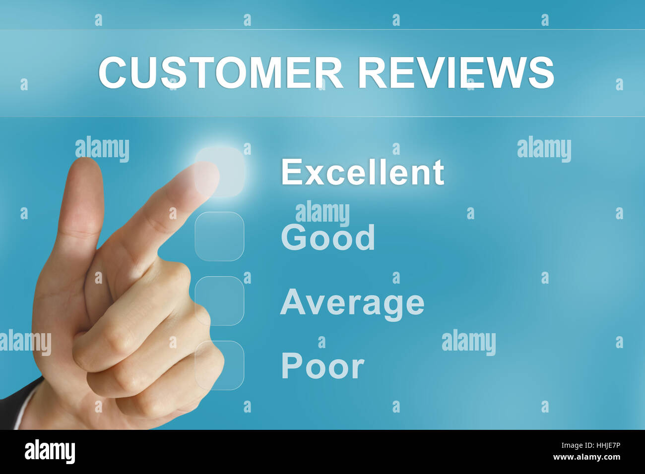 business hand clicking customer reviews button on screen Stock Photo
