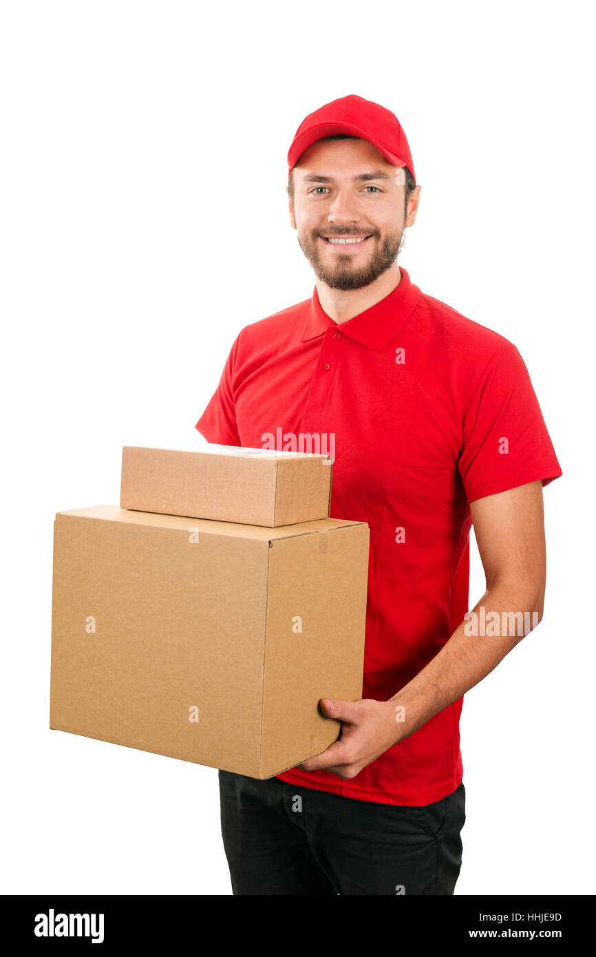 delivery service - young courier holding cardboard box Stock Photo