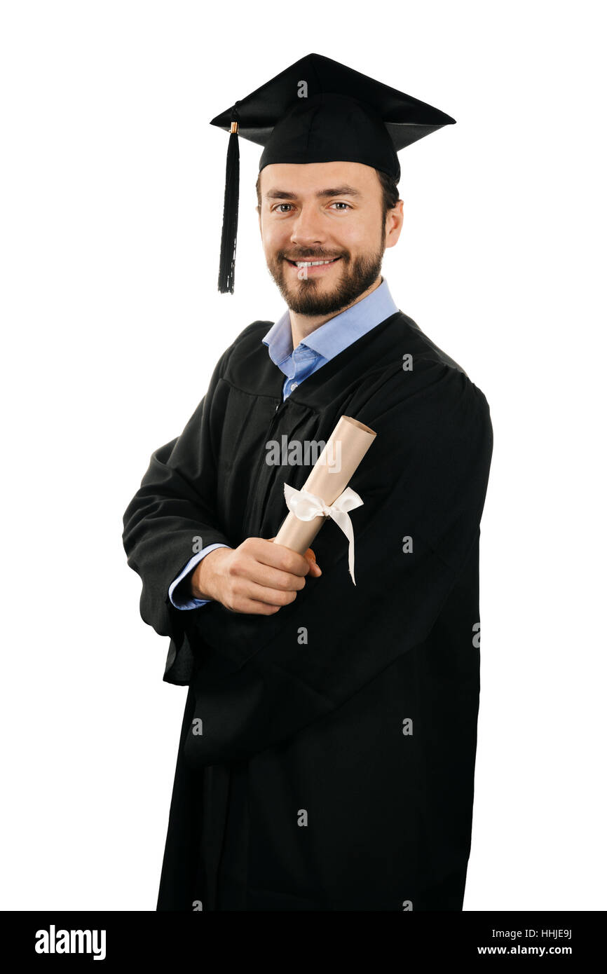 happy smiling male graduate with diploma isolated on white Stock Photo