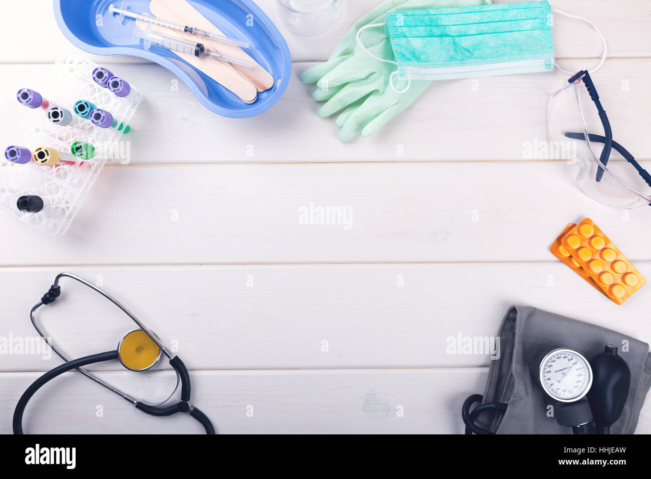 medical equipment with copy space on white table. top view Stock Photo