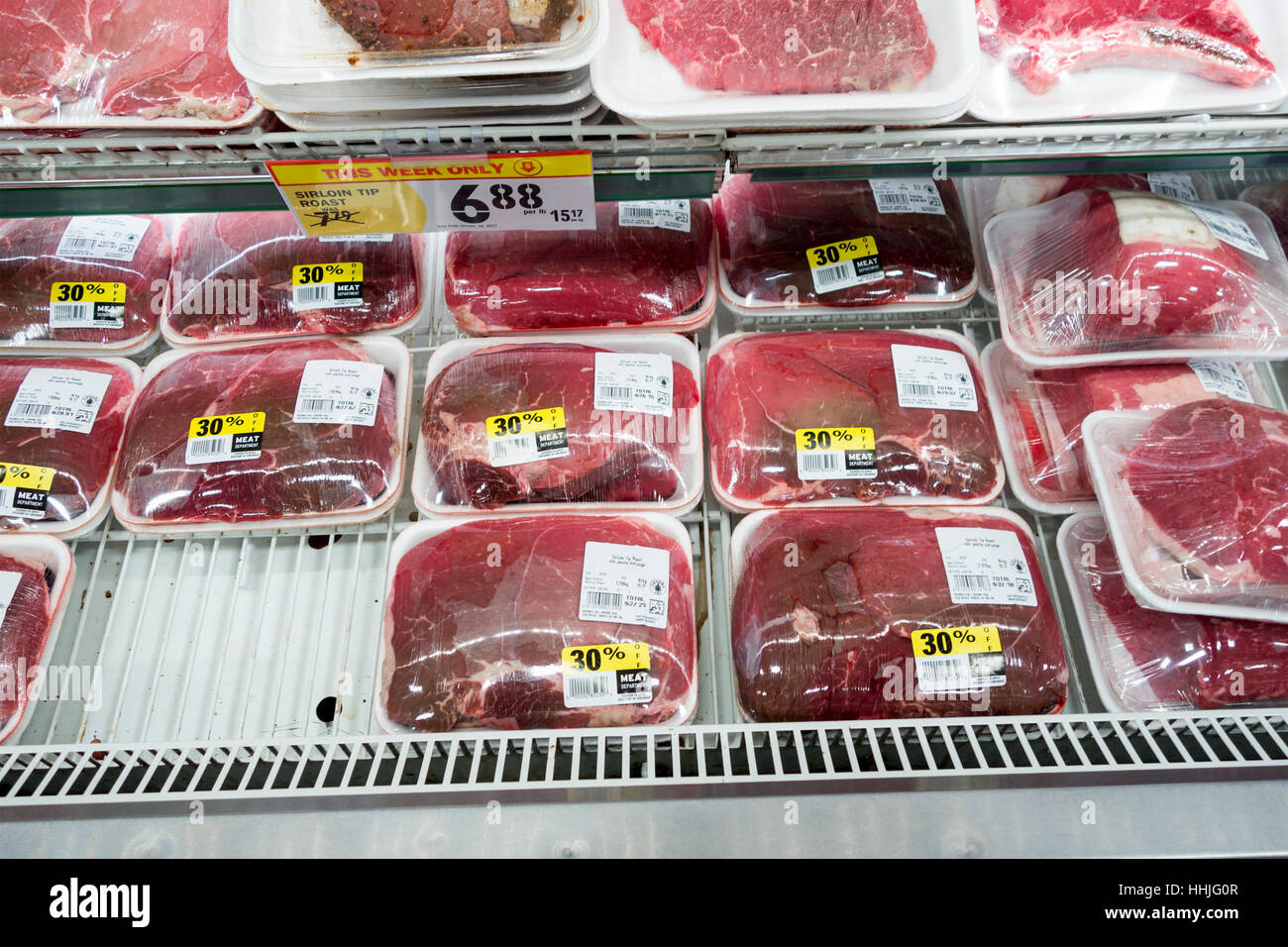 Marked down meat on display at Food Basics store in Lindsday, Ontario