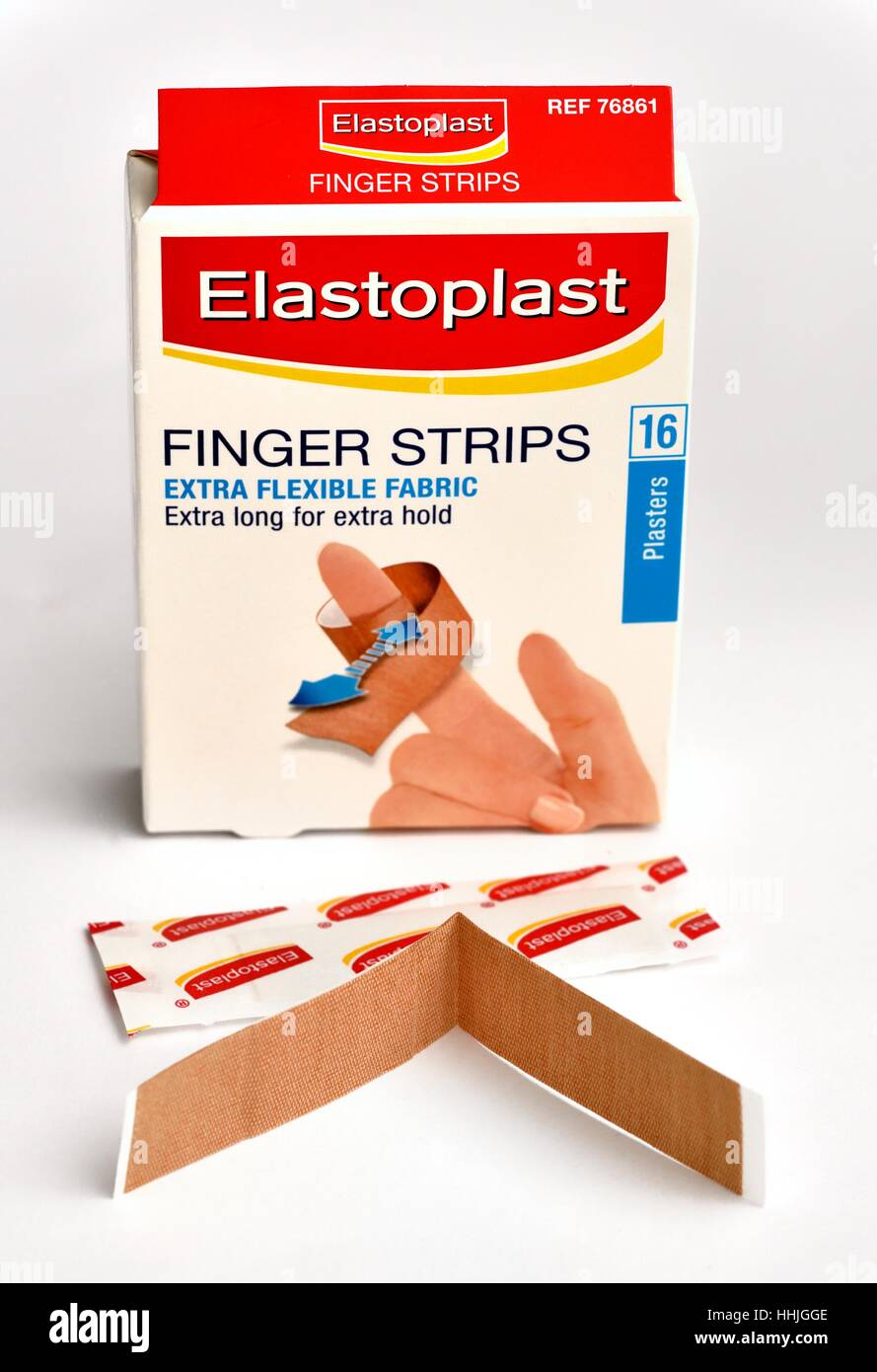 Elastoplast finger strips extra flexible fabric extra long extra hold plaster. Stock Photo