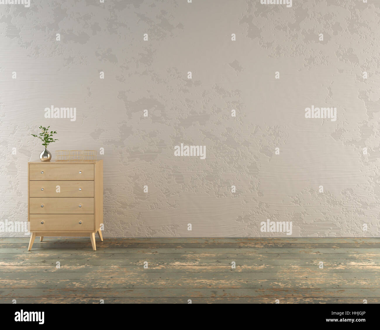 Mid century modern dresser in modern loft setting with rustic plaster and wooden floors stock