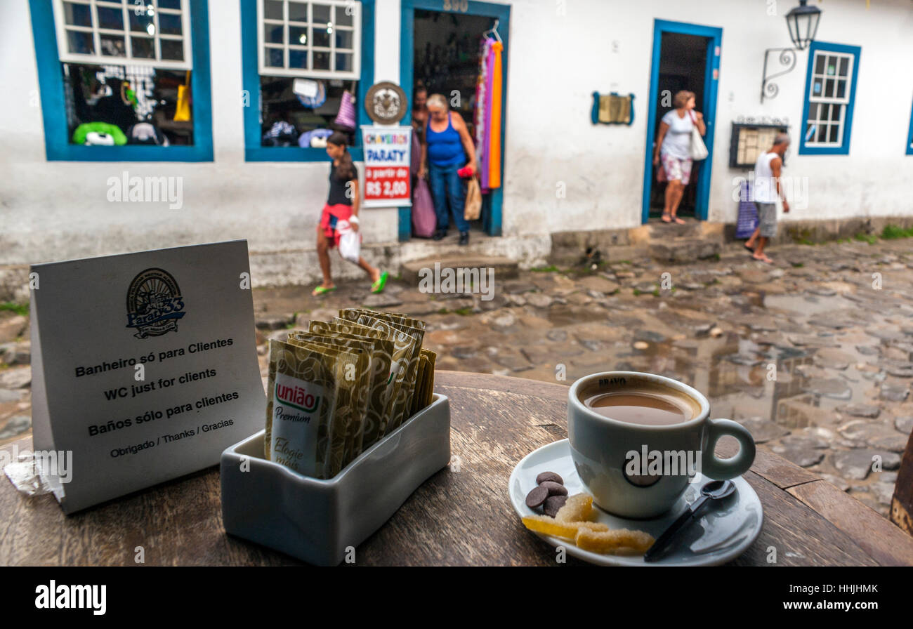 Cup of coffee espresso and sugar in Paraty, Brasil. Stock Photo