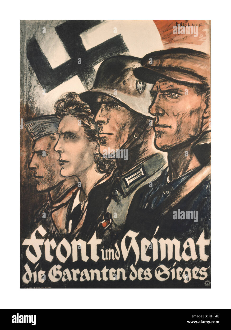 WW2 German propaganda poster with Nazi swastika flag 'Front und Heimat die Garanten des Sieges'  [The Frontline and the Home Country are the Guarantors for Victory] Stock Photo