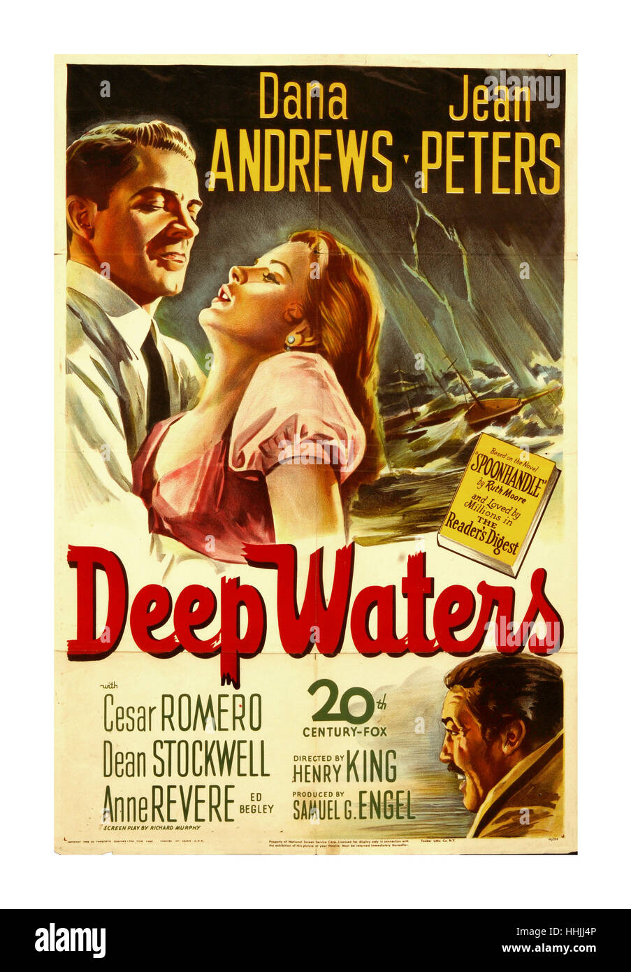 1940's VINTAGE POST WAR MOVIE POSTER 'DEEP WATERS', Starring Cesar Romero, Dean Stockwell, Anne Revere  Dana Andrews, Jean Peters;  1948. Copyright/20th Century-Fox Stock Photo