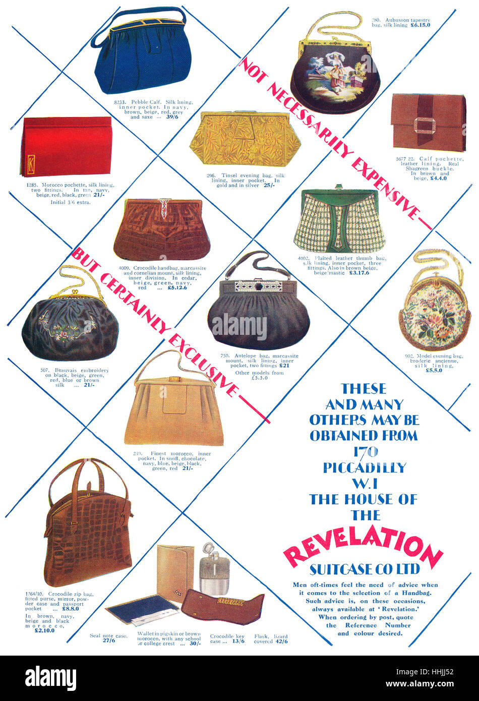 1928 British advertisement for handbags and purses from The Revelation Suitcase Company Stock Photo