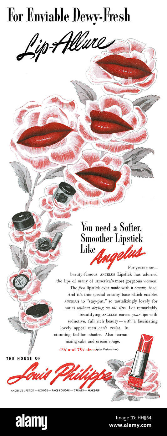 1945 Louis Philippe Angelus Lipstick Rouge Make-Up Women Vtg Magazine Print  Ad