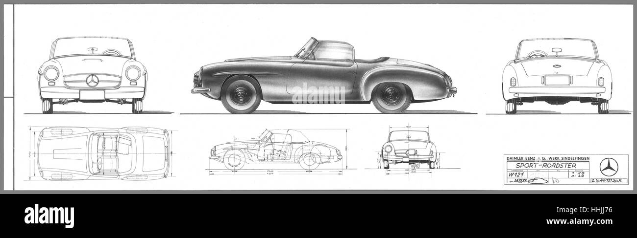 Original Blue print drawing of Mercedes-Benz 190 SL (W121)  a two-door super luxury roadster produced by Mercedes-Benz between May 1955 and February 1963. Internally referred to as W121 it was first shown in prototype at the 1954 New York Auto Show, Stock Photo