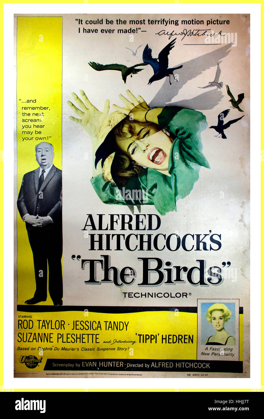 THE BIRDS, 1963. Vintage Movie Poster starring Rod Taylor, Jessica Tandy, Suzanne Pleshette and introducing Tippi Hedren; Directed by Alfred Hitchcock. Stock Photo
