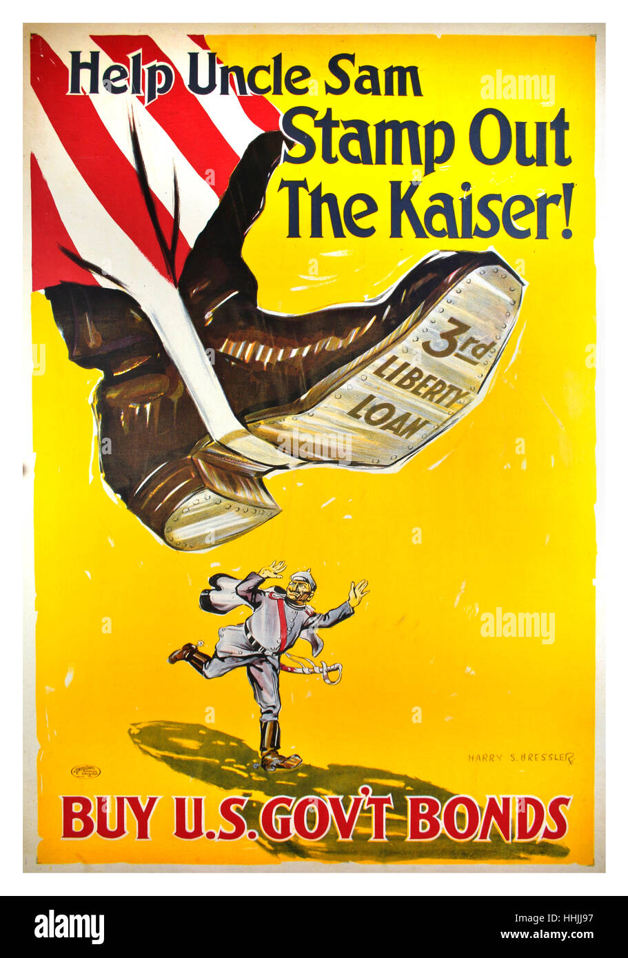 1918 Original USA WW1 propaganda poster designed by Harry S. Bressler, for the Third Liberty Bond Campaign issued Spring 1918. Poster shows mighty boot of Uncle Sam somewhat comically stamping out the King of Prussia Kaiser Wilhelm. Stock Photo