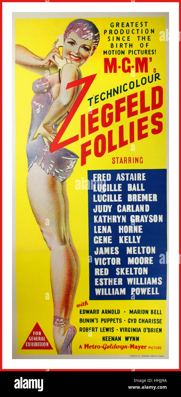 Iconic 'ZIEGFELD FOLLIES' Post war 1945  Movie Poster starring Fred Astaire, Lucille Ball,  Lucille Bremer, Fanny Brice, Judy Garland and more! Directed by Lemuel Ayers.  A musical comedy, showman Florenz Ziegfeld recalls his first Broadway revue, the Ziegfeld Follies of 1907 while he looks down from the heavens and ordains a new revue in his grande old style. “Greatest production since the birth of motion pictures!” Artwork by George Petty (1874-1975). Stock Photo