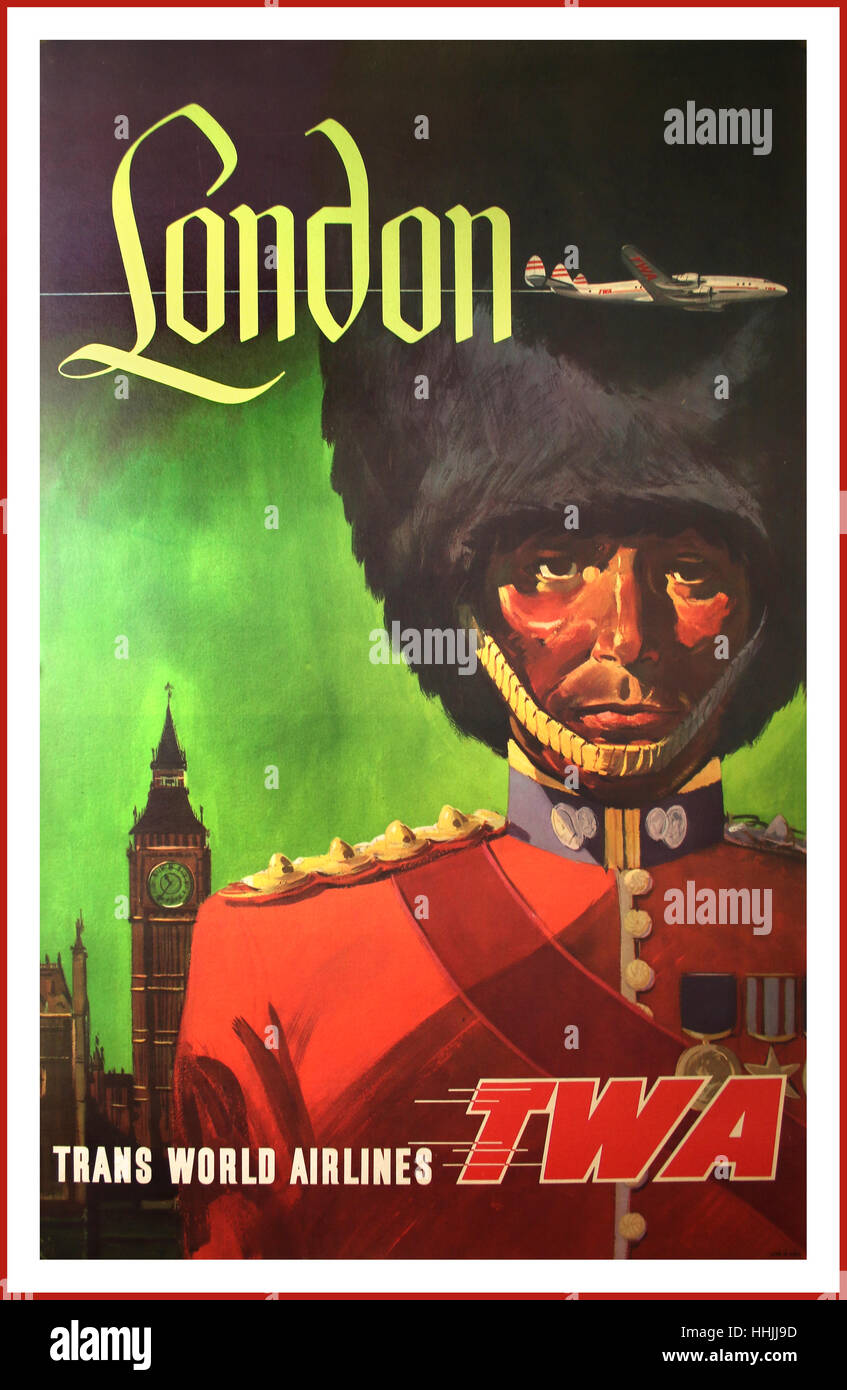 TWA LONDON POSTER Original Vintage 1950's David Klein Airline Travel Poster for TWA promoting flights to London using iconic symbols of traditional guard and Big Ben Stock Photo