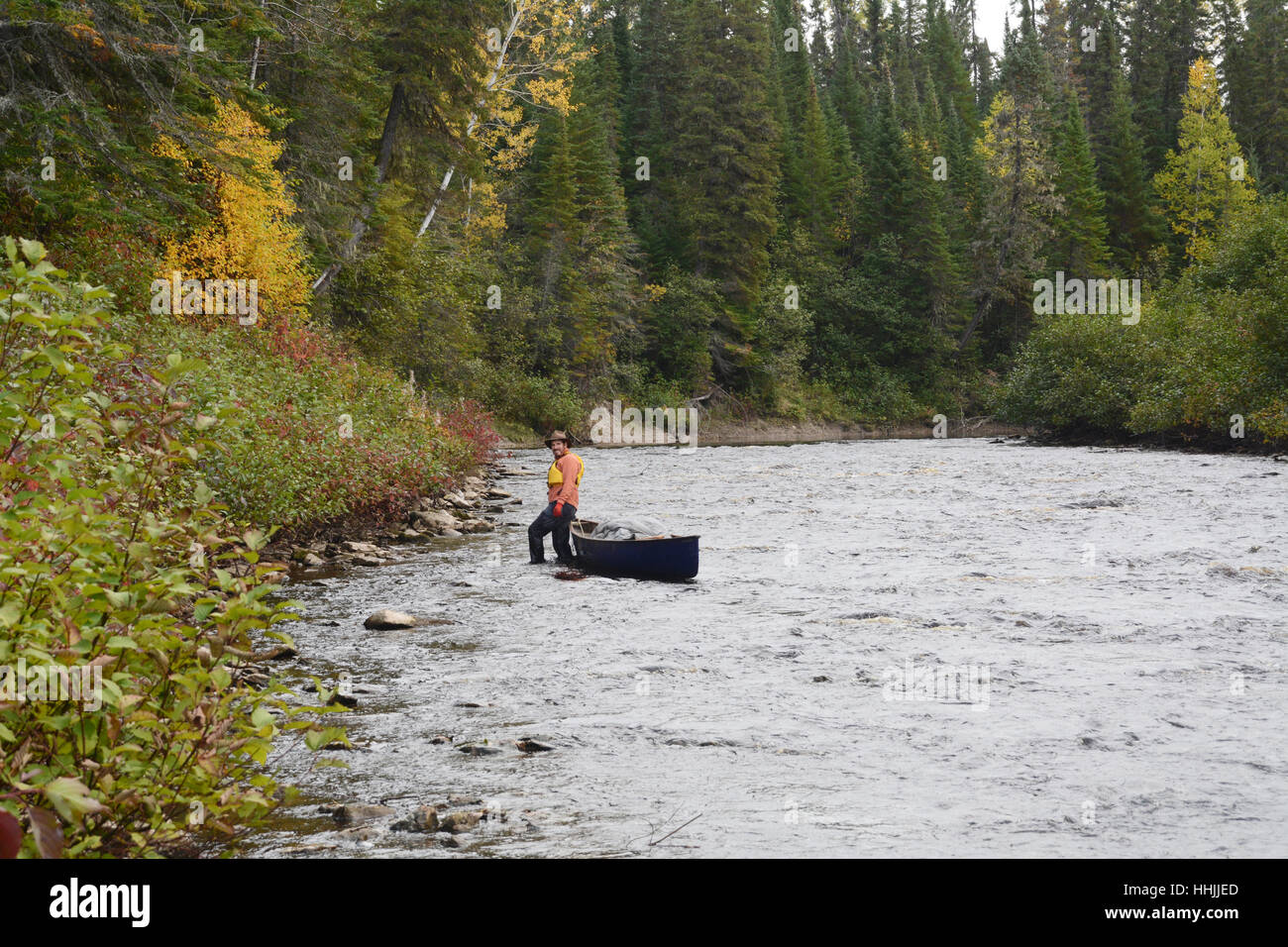 A canoeist pulls his canoe through shallow rapids on the French River in the wilderness of Northern Ontario, Canada. Stock Photo