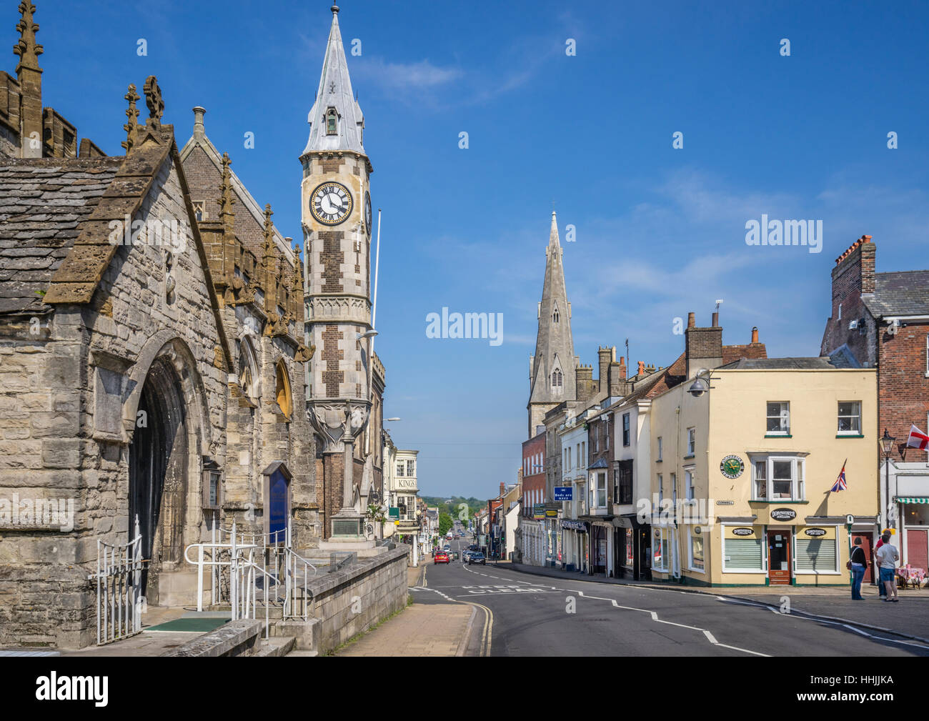 Great Britain, Dorset, Dorcheste, view of High West Street with the portal of St Peter's Church, the Corn Exchange Stock Photo