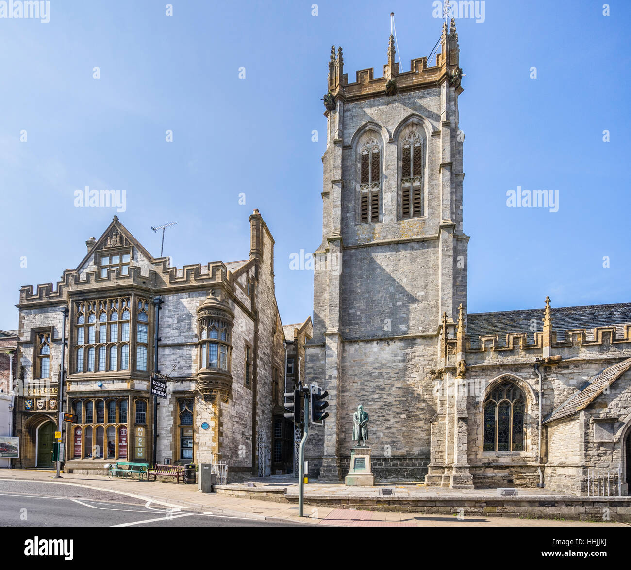 Great Britain, Dorset, Dorchester, view of the Dorset County Museum and St. Peter's Church Stock Photo