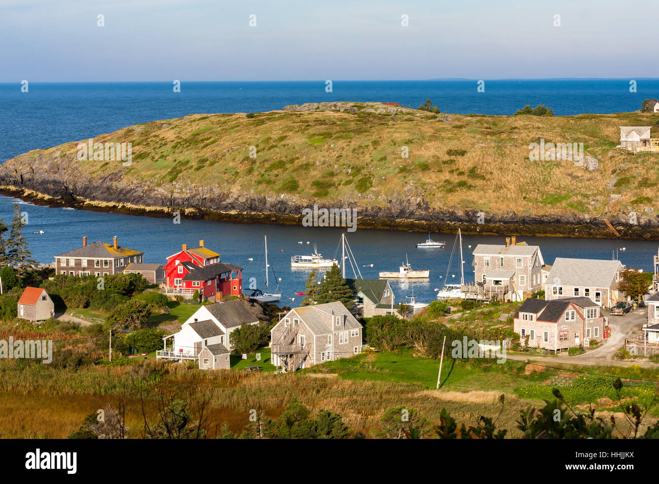 View of Monhegan Island in Maine with Manana Island in the background. Stock Photo
