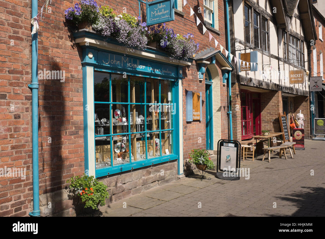 Shops and pubs in Hereford city centre, England Stock Photo - Alamy