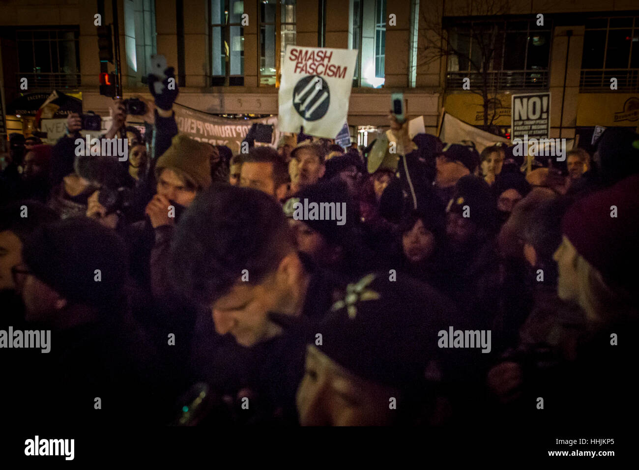 Washington Dc, United States. 19th Jan, 2017. On the eve before Donald Trump is sworn in as the 45th President of the United States, in a pre-inauguration protest on January 19, 2017, hundreds of activists surrounded the Alt-Right 'Deploraball,' which was taking place inside the National Press Club in Washington, DC Credit: Michael Nigro/Pacific Press/Alamy Live News Stock Photo