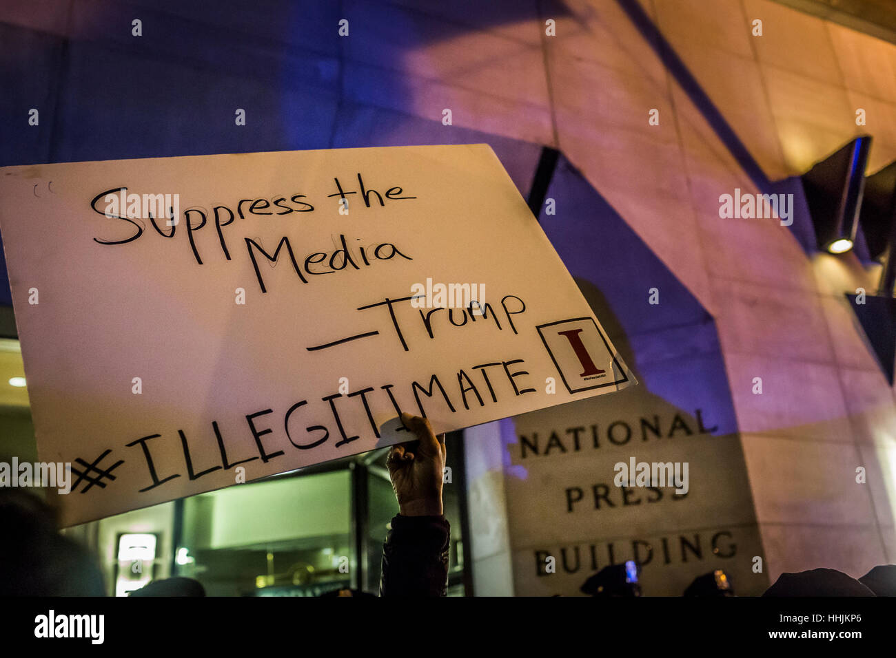 Washington Dc, United States. 19th Jan, 2017. On the eve before Donald Trump is sworn in as the 45th President of the United States, in a pre-inauguration protest on January 19, 2017, hundreds of activists surrounded the Alt-Right 'Deploraball,' which was taking place inside the National Press Club in Washington, DC Credit: Michael Nigro/Pacific Press/Alamy Live News Stock Photo