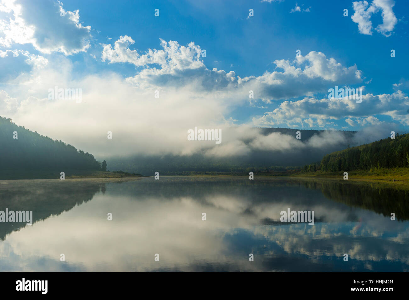 summer landscape with river cloudy sky forest and sun canada Stock ...