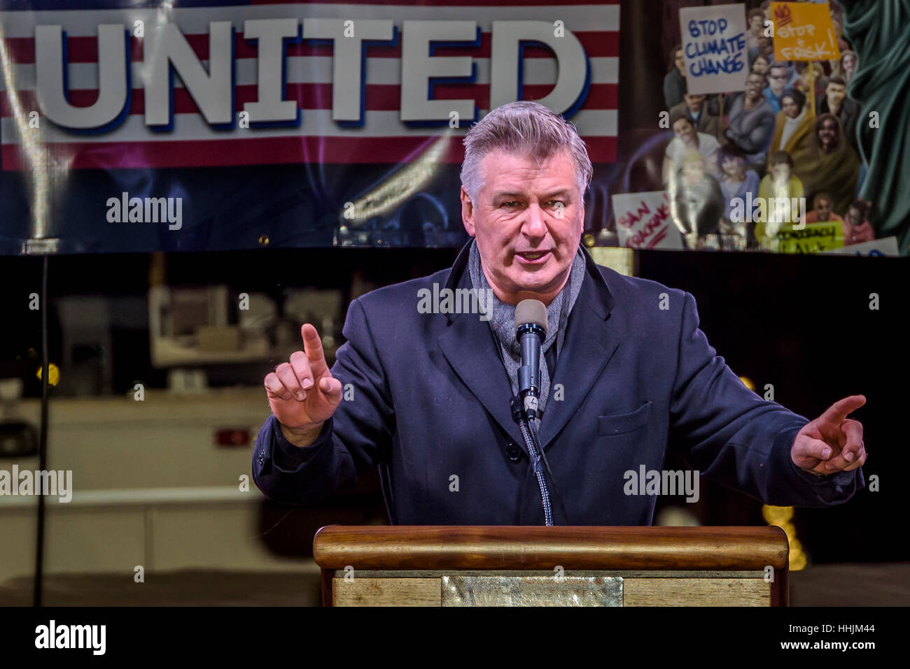 New York, USA. 19th January 2017. Alec Baldwin - On the evening before Trump’s Inauguration, NYC Mayor Bill de Blasio, Reverend Al Sharpton, Mark Ruffalo, Michael Moore, Shailene Woodley, Rosie Perez, and Alec Baldwin will be joined by elected officials, community groups and organizations, and thousands of New Yorkers outside of Trump International Hotel & Tower near Columbus Circle to stand united and make clear to President Elect Trump and Congress that New York City will protect the rights of residents Credit: PACIFIC PRESS/Alamy Live News Stock Photo