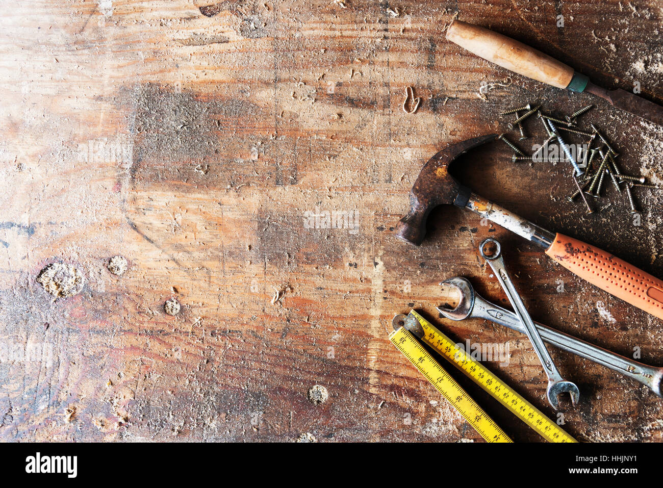 Woodwork Tools Chisel hammer Wrench Screw Concept Stock Photo - Alamy