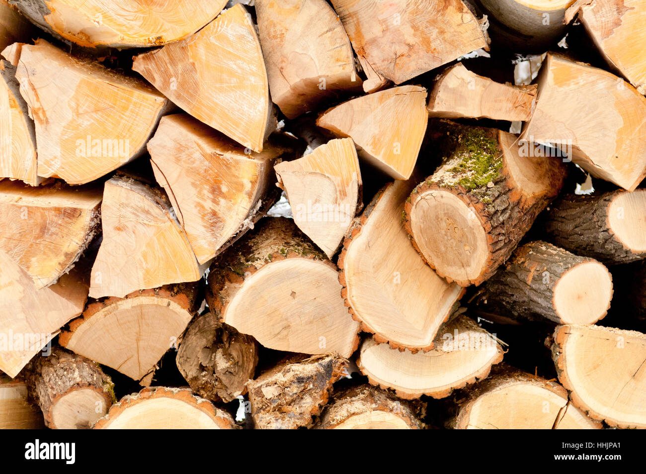 Natural wooden background, chopped firewood on stack Stock Photo