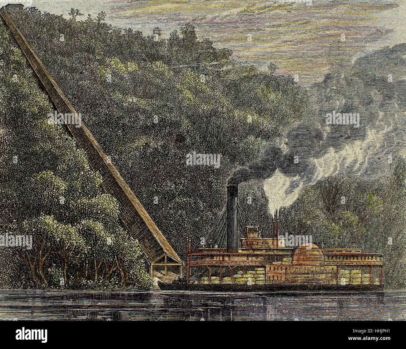 United States. South Carolina. Cotton planting. Steamboat loading up cotton sacks. Colored engraving, 1888 Stock Photo