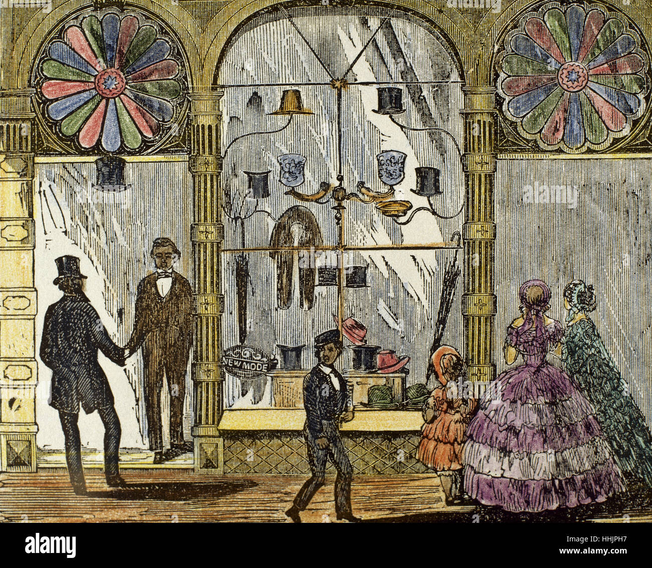 United States. Boston. Accessory shop for women and men in Washington Street. Shop window. Colored engraving, 1832. Stock Photo